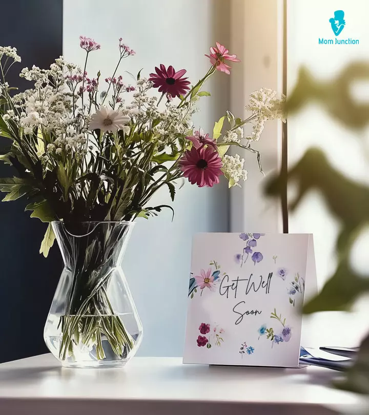 Colorful Flowers And Get Well Soon Messages On A Greeting Card