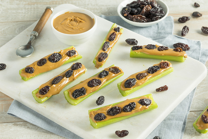 Celery with peanut butter and raisins