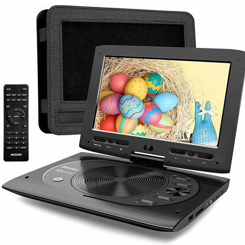 Portable DVD player in leather carrying case with built-in