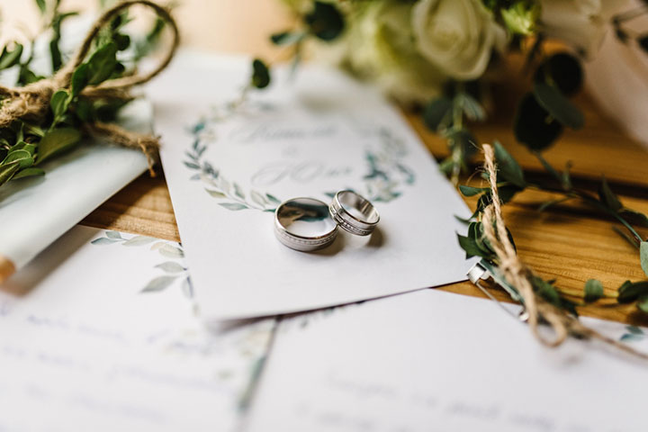 Wedding rings aesthetically placed on a wedding letter
