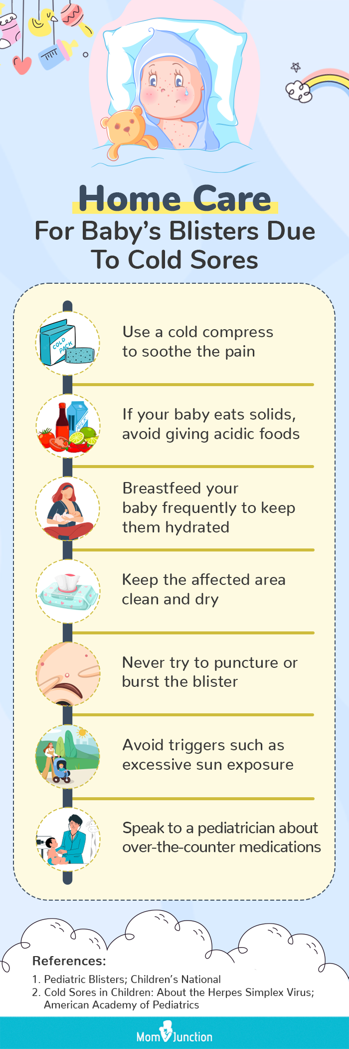 home care for baby’s blisters due to cold sores (infographic)