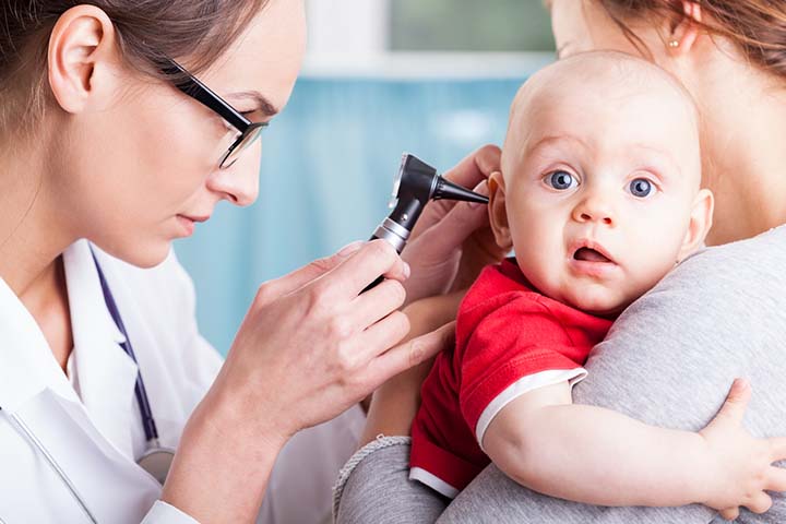 See a doctor if the baby has fluid oozing from the ear