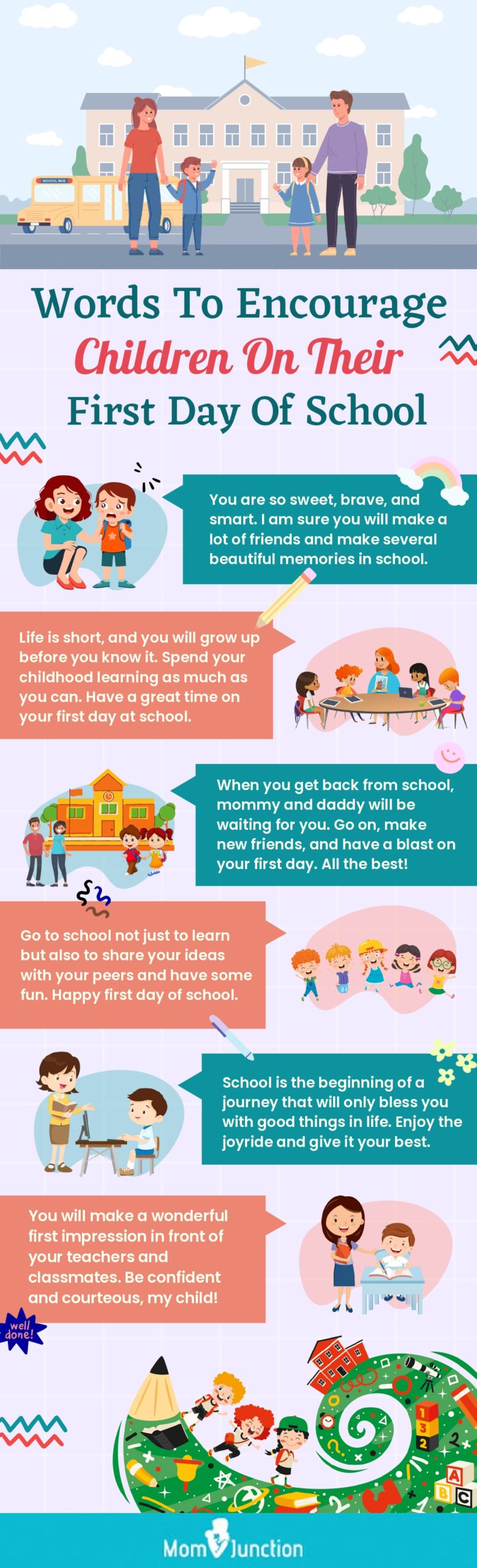 words to encourage children on their first day of school (infographic)
