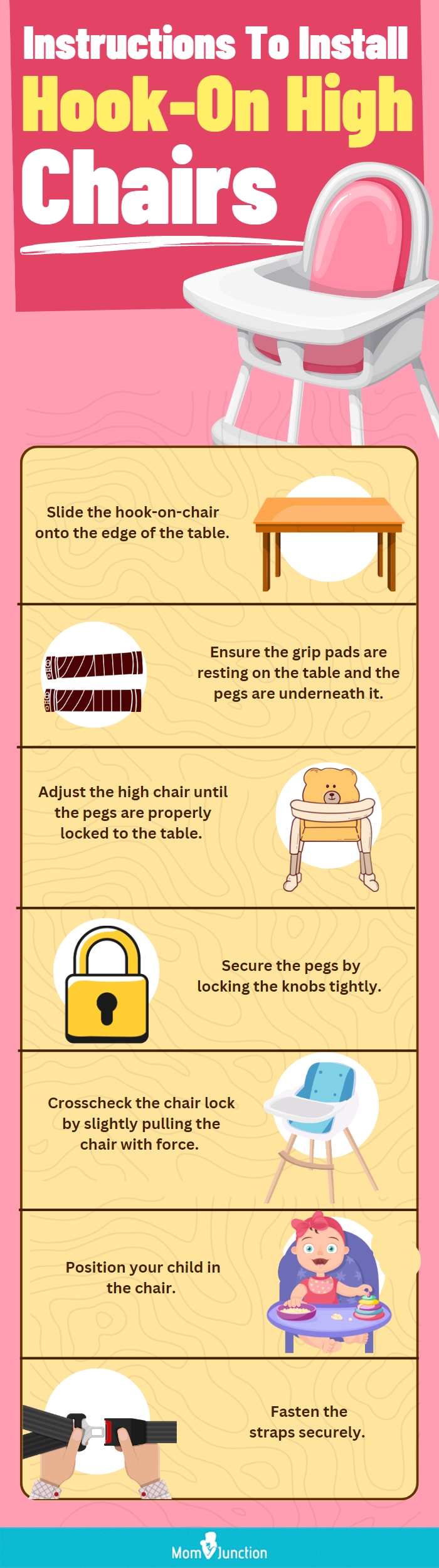 Instructions To Install Hook-On High Chairs Row (infographic)