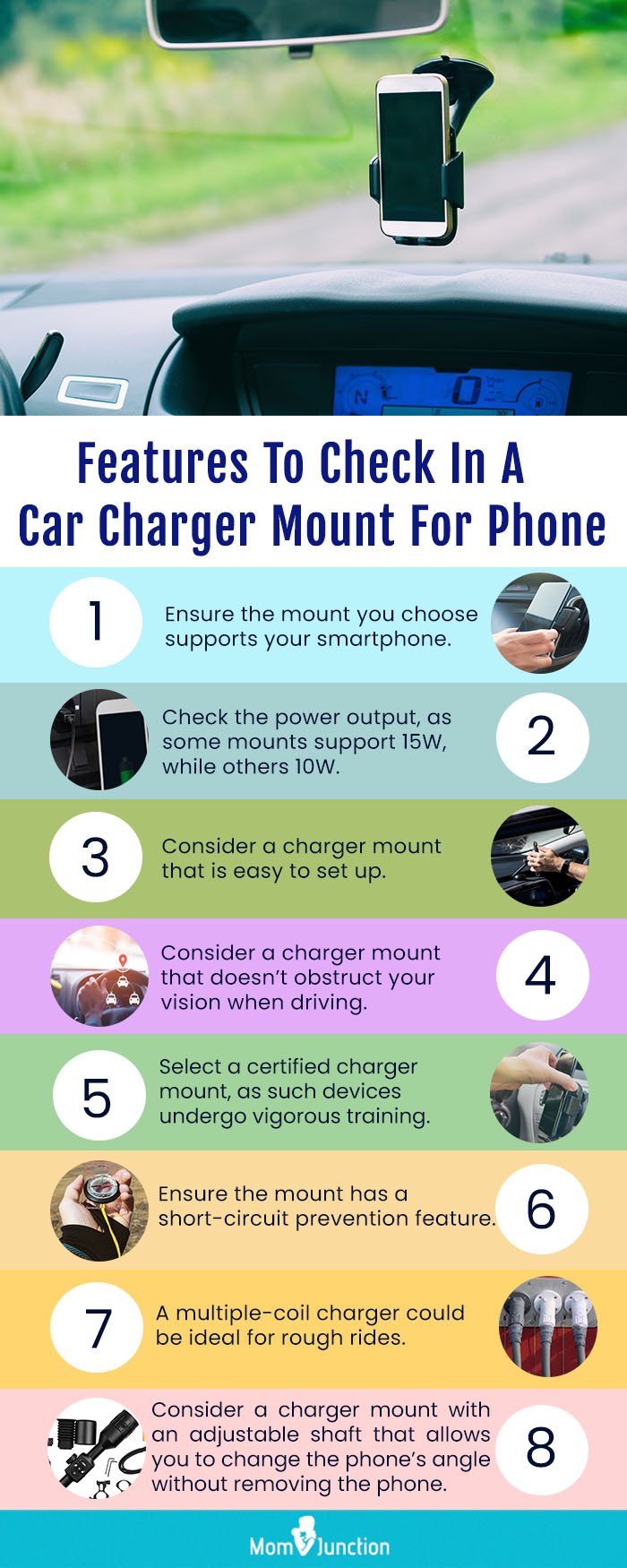 Features to check in a Car Charger mount for phone (infographic)
