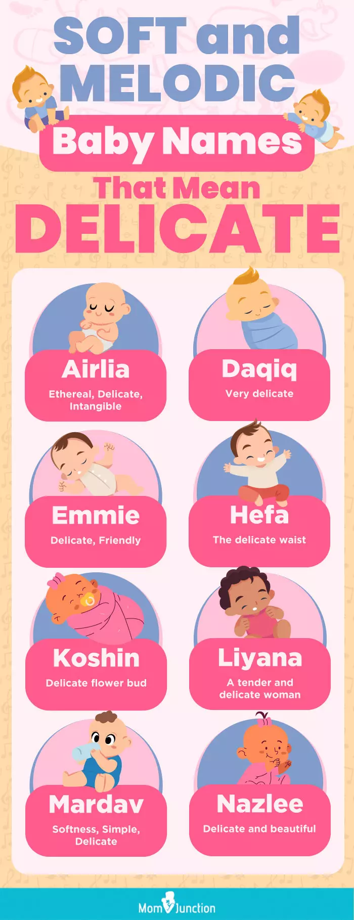 soft and melodic baby names that mean delicate (infographic)