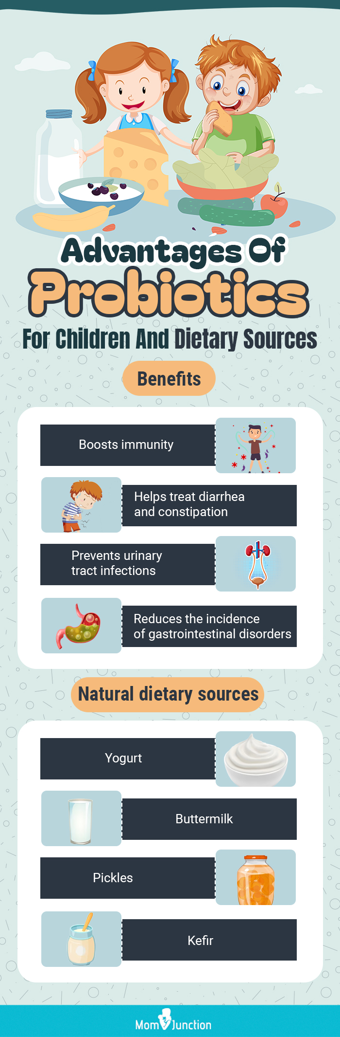 advantages of probiotics for children and dietary sources (infographic)