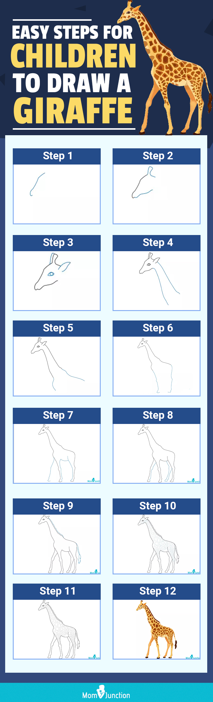 easy steps for children to draw a giraffe (infographic)