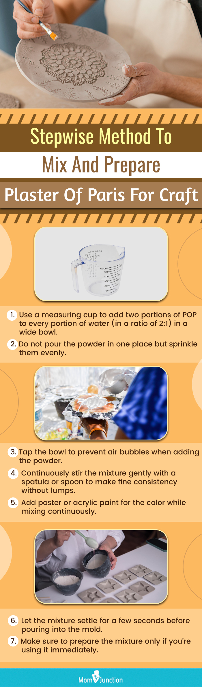 stepwise method to mix and prepare plaster of paris for craft (infographic)