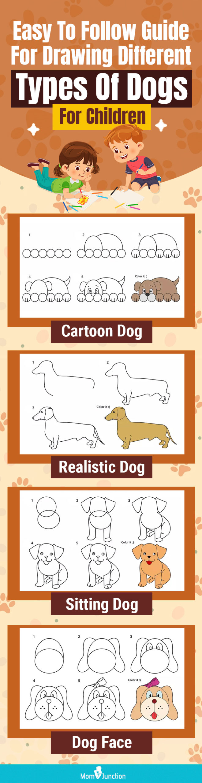 easy to follow guide for drawing different types of dogs for children (infographic)