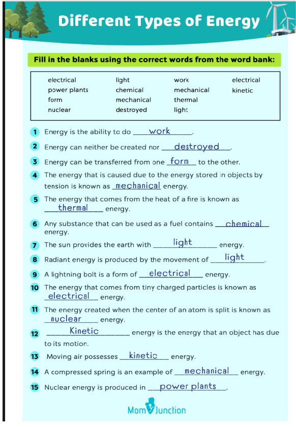 forms of energy worksheet