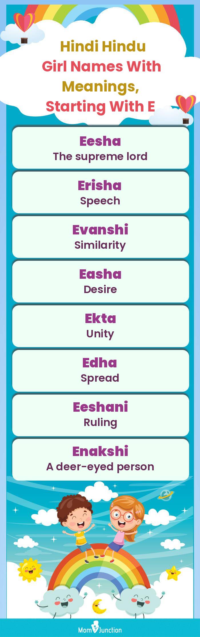  Hindi Hindu Girl Names with Meanings, Starting With E(infographic)