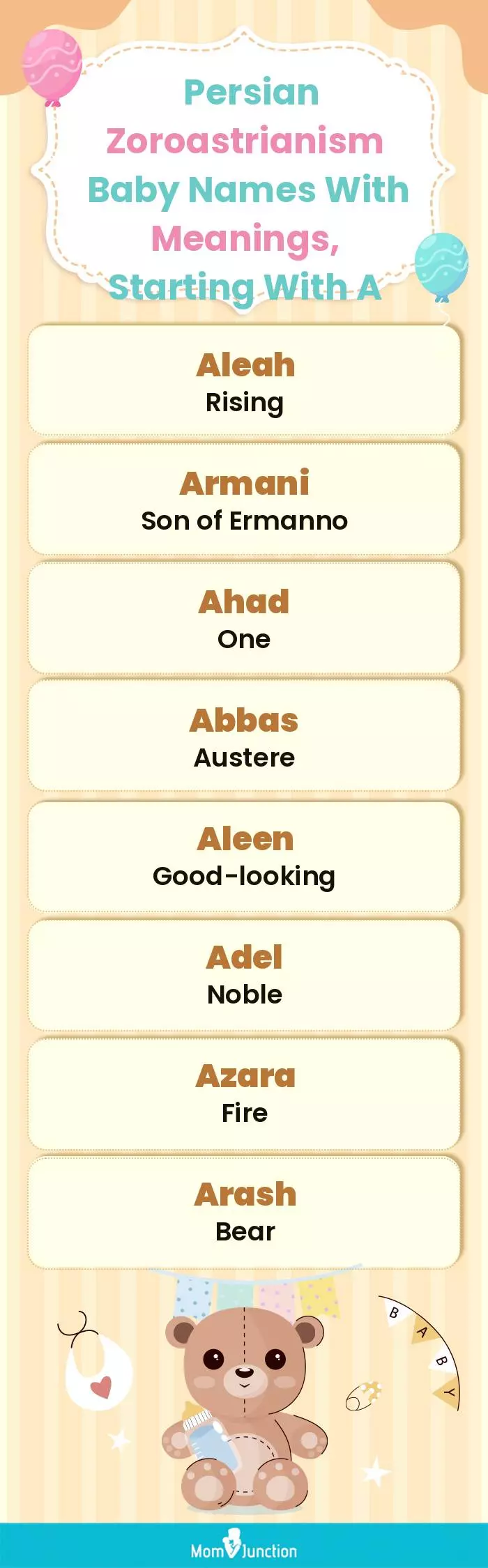 Persian Zoroastrianism Baby Names with Meanings, Starting With A(infographic)