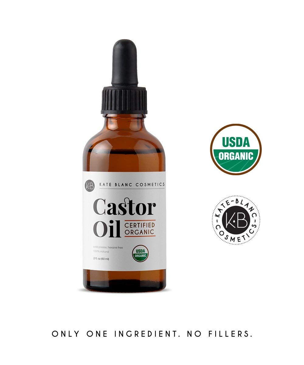 Castor Oil (2oz), USDA Certified Organic, 100% Pure, Cold Pressed, Hexane Free by Kate Blanc Cosmetics. Stimulate Growth for Eyelashes, Eyebrows, Hair. Skin Moisturizer & Hair Treatment Starter Kit