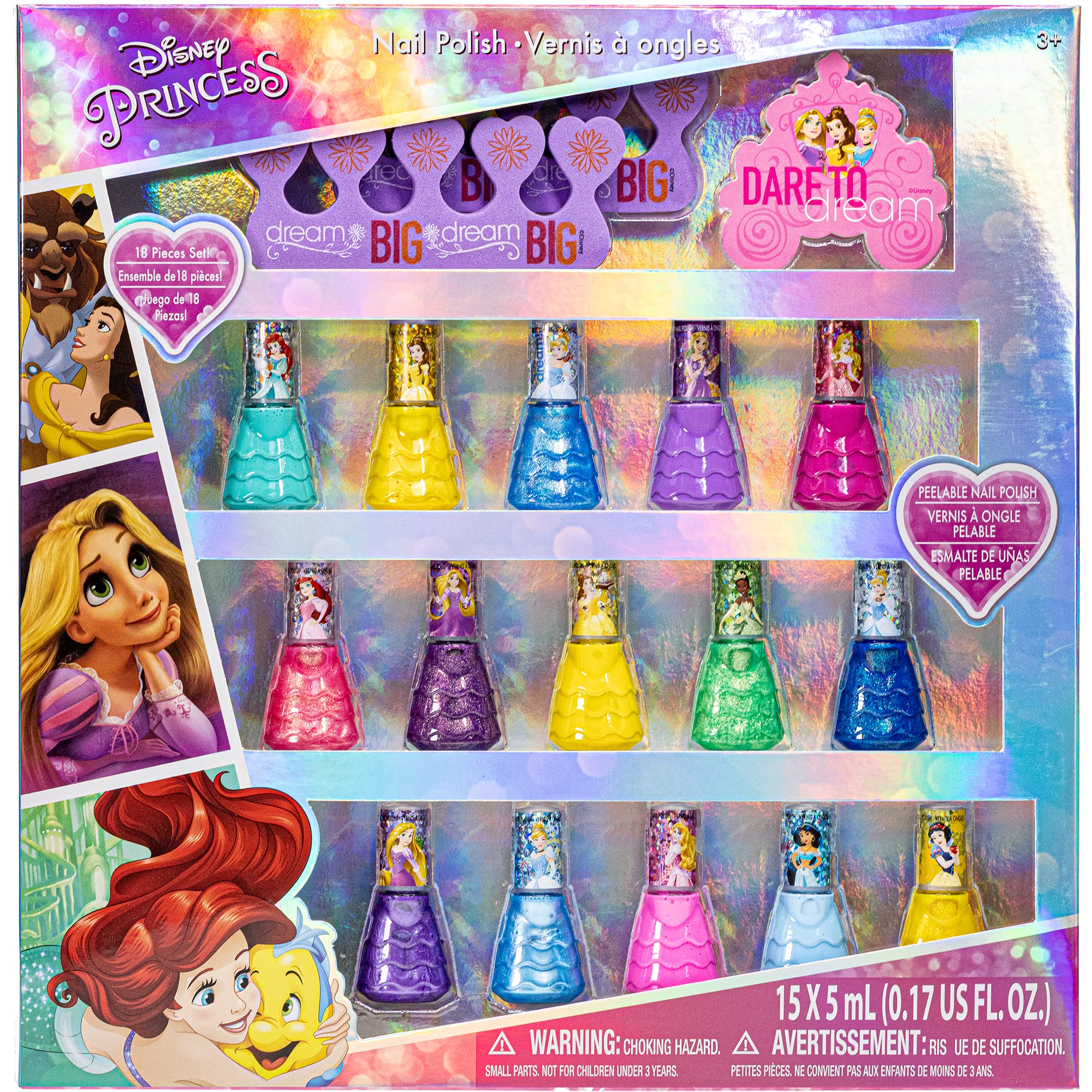 Disney Princess - Townley Girl Non-Toxic Peel-Off Water-Based Natural Safe Quick Dry Nail Polish| Gift Kit Set for Kids Girls| Glittery and Opaque Colors| Ages 3+ (18 Pcs)