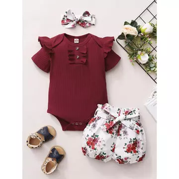 Saeaby Ruffle Romper Onesies Floral Girl Shorts Set