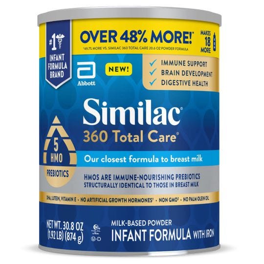 Similac 360 Total Care Infant Formula, with 5 HMO Prebiotics, Our Closest Formula to Breast Milk, Non-GMO, Baby Formula Powder, 30.8-oz Can (Case of 6)