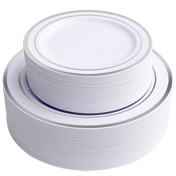 WDF Disposable Plastic Plates With Silver Rim